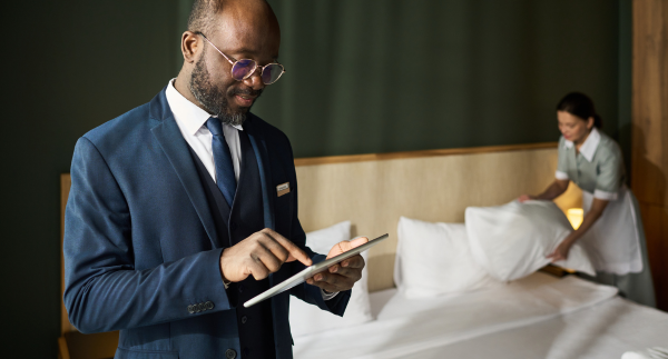 Hotel manager guiding housekeeping to ensure compliance standards are met