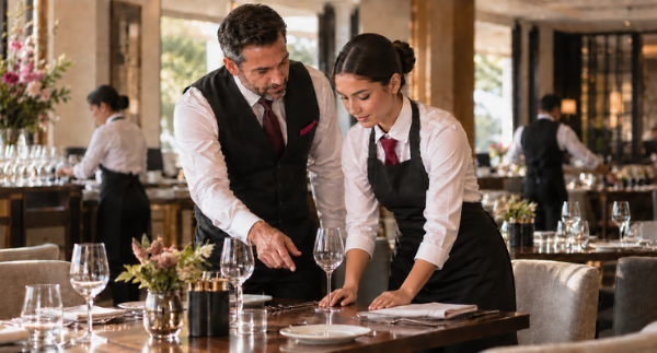 Hospitality manager guiding staff member after they made a mistake
